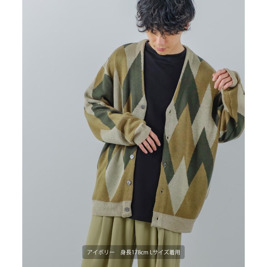 総柄ジャガードカーディガン メンズ アーガイル Vネック カーディガン ビッグシルエット オーバーサイズ ドロップショルダー ゆったり カジュアル | improves | 01