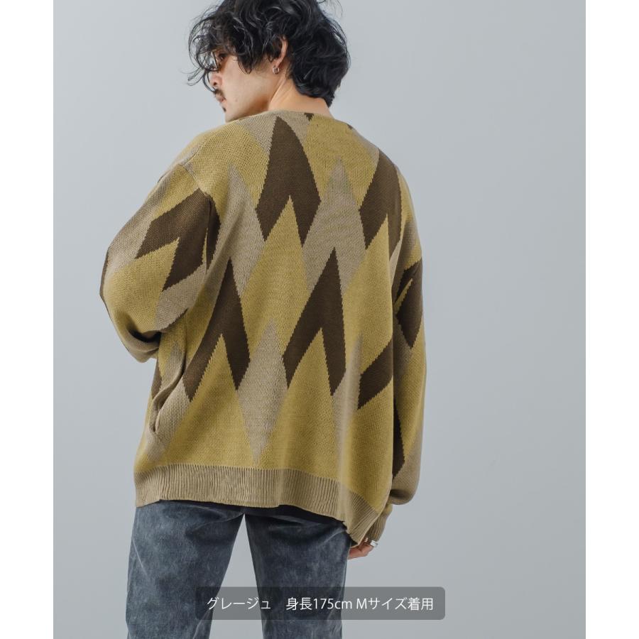 総柄ジャガードカーディガン メンズ アーガイル Vネック カーディガン ビッグシルエット オーバーサイズ ドロップショルダー ゆったり カジュアル | improves | 10