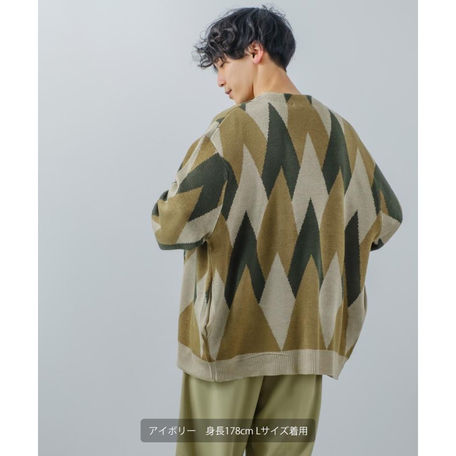 総柄ジャガードカーディガン メンズ アーガイル Vネック カーディガン ビッグシルエット オーバーサイズ ドロップショルダー ゆったり カジュアル | improves | 03
