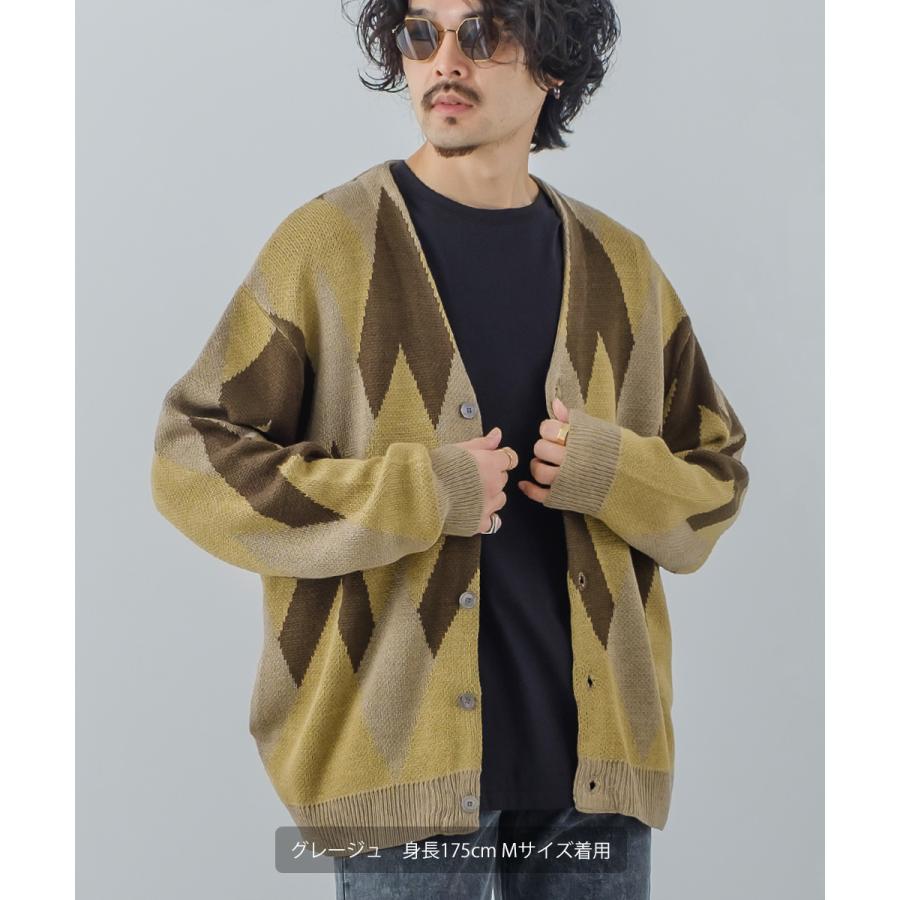 総柄ジャガードカーディガン メンズ アーガイル Vネック カーディガン ビッグシルエット オーバーサイズ ドロップショルダー ゆったり カジュアル | improves | 07