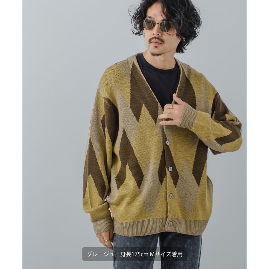 総柄ジャガードカーディガン メンズ アーガイル Vネック カーディガン ビッグシルエット オーバーサイズ ドロップショルダー ゆったり カジュアル | improves | 08