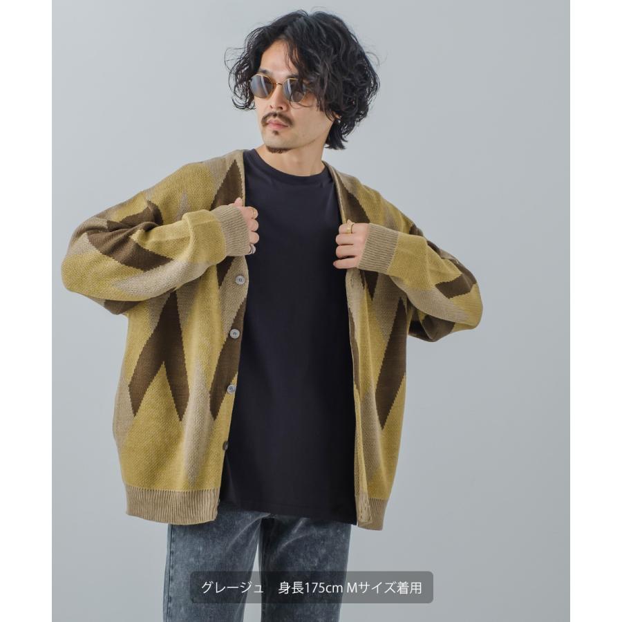 総柄ジャガードカーディガン メンズ アーガイル Vネック カーディガン ビッグシルエット オーバーサイズ ドロップショルダー ゆったり カジュアル | improves | 09