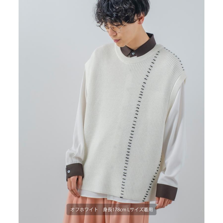 オーバーサイズ ハンドステッチ 畦編み ニットベスト メンズ レディース クルーネック 丸首 ニット ベスト セーター ビッグシルエット 大きいサイズ ゆったり 黒 | improves | 01