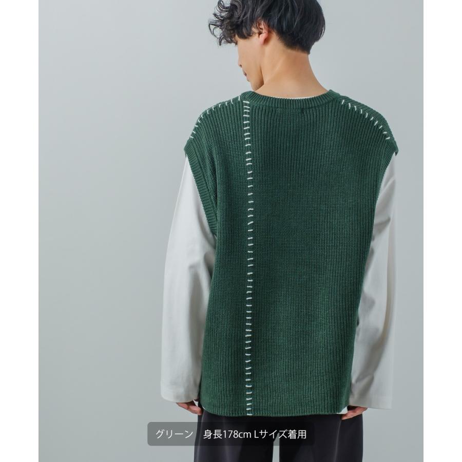 オーバーサイズ ハンドステッチ 畦編み ニットベスト メンズ レディース クルーネック 丸首 ニット ベスト セーター ビッグシルエット 大きいサイズ ゆったり 黒 | improves | 10