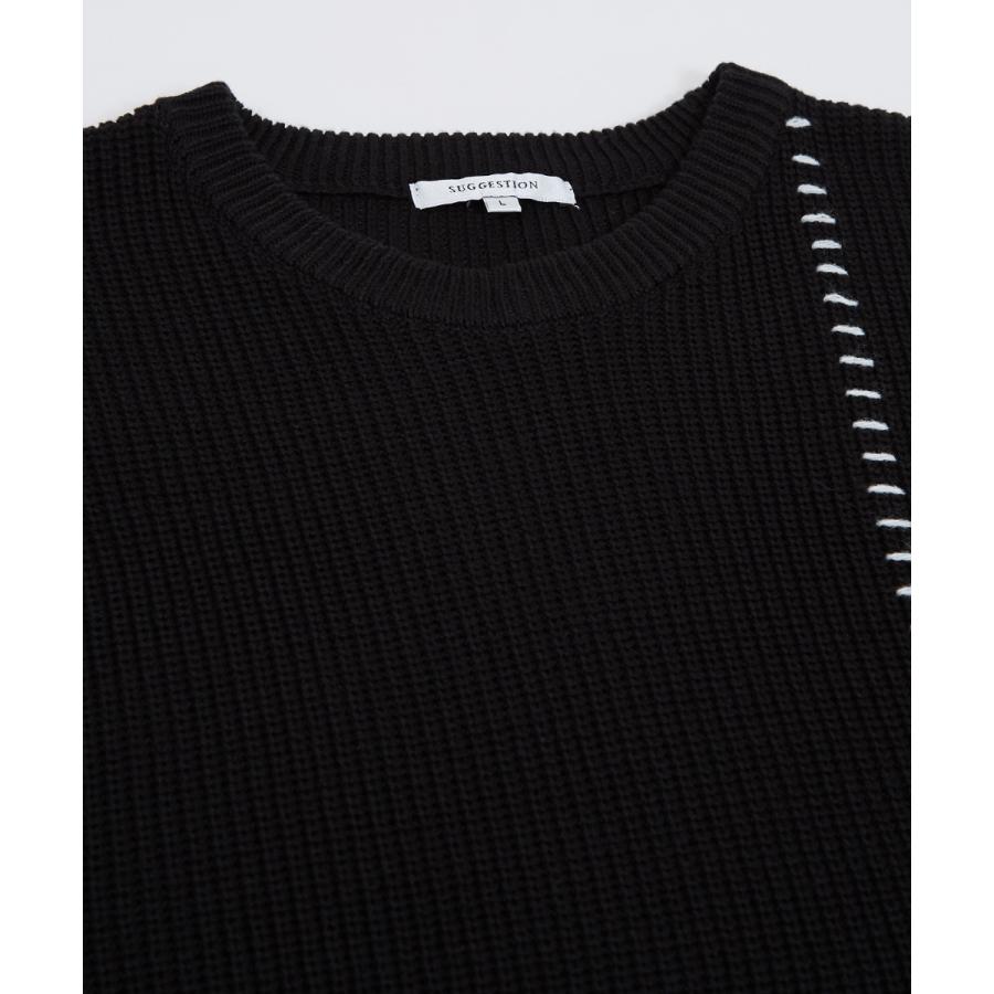 オーバーサイズ ハンドステッチ 畦編み ニットベスト メンズ レディース クルーネック 丸首 ニット ベスト セーター ビッグシルエット 大きいサイズ ゆったり 黒 | improves | 17