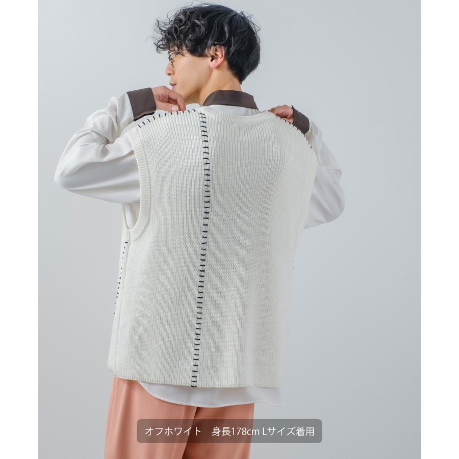 オーバーサイズ ハンドステッチ 畦編み ニットベスト メンズ レディース クルーネック 丸首 ニット ベスト セーター ビッグシルエット 大きいサイズ ゆったり 黒 | improves | 03