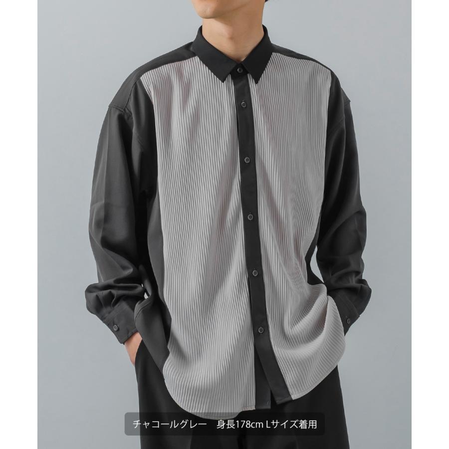 ナチュラルストレッチ カットプリーツ切替シャツ メンズ 長袖 オーバーシャツ レギュラーシャツ ゆったり きれいめ カジュアル モード 韓国ファッション | improves | 11