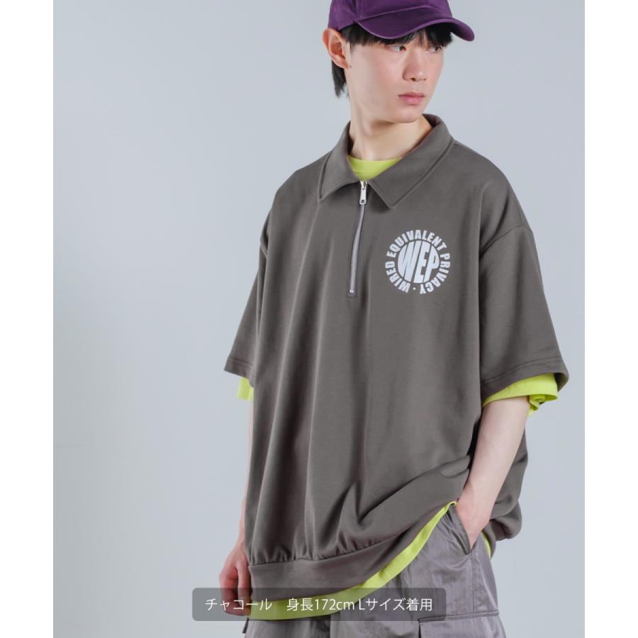 裏毛スウェット プリント 半袖 ジップポロシャツ メンズ ハーフジップ ロゴプリント ビッグシルエット ビッグTシャツ オーバーサイズ 大きいサイズ 韓国 | improves | 01