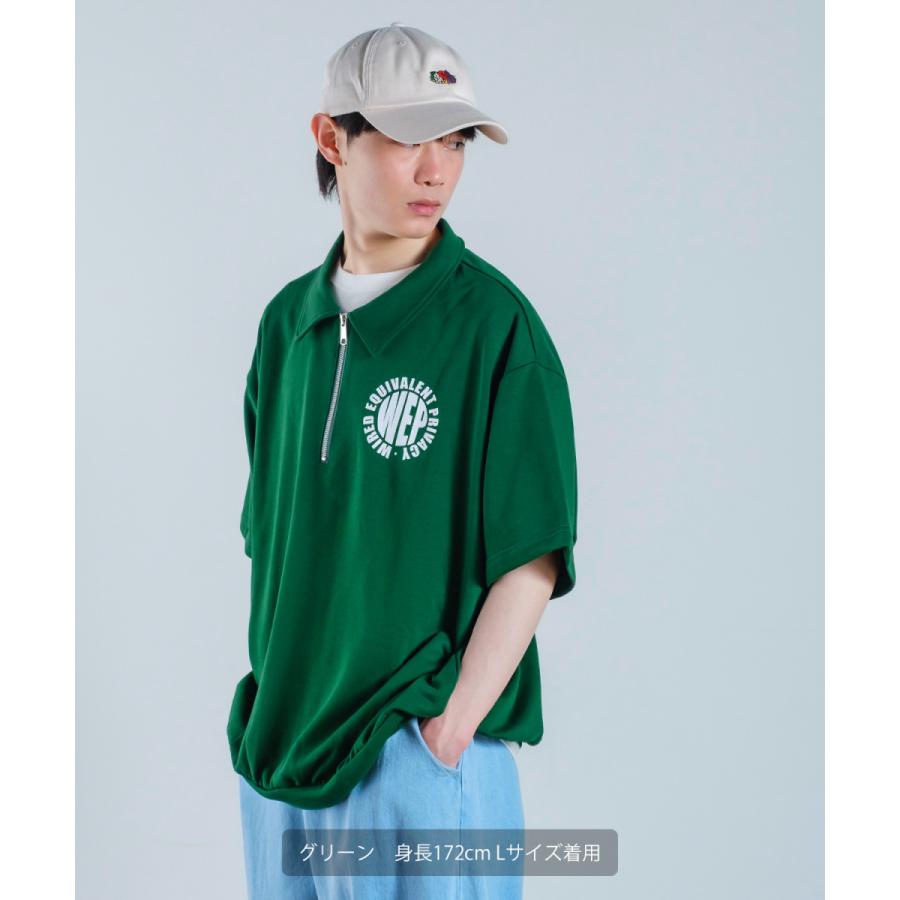 裏毛スウェット プリント 半袖 ジップポロシャツ メンズ ハーフジップ ロゴプリント ビッグシルエット ビッグTシャツ オーバーサイズ 大きいサイズ 韓国 | improves | 10