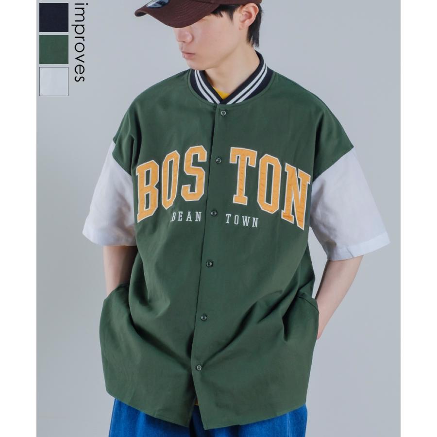 カレッジロゴ 刺しゅう 半袖 スタジアムシャツ メンズ アップリケ スタジャンシャツ ノーカラーシャツ シャツジャケット ストリート アメカジ | improves