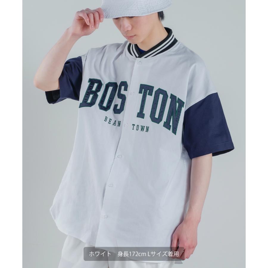 カレッジロゴ 刺しゅう 半袖 スタジアムシャツ メンズ アップリケ スタジャンシャツ ノーカラーシャツ シャツジャケット ストリート アメカジ | improves | 01