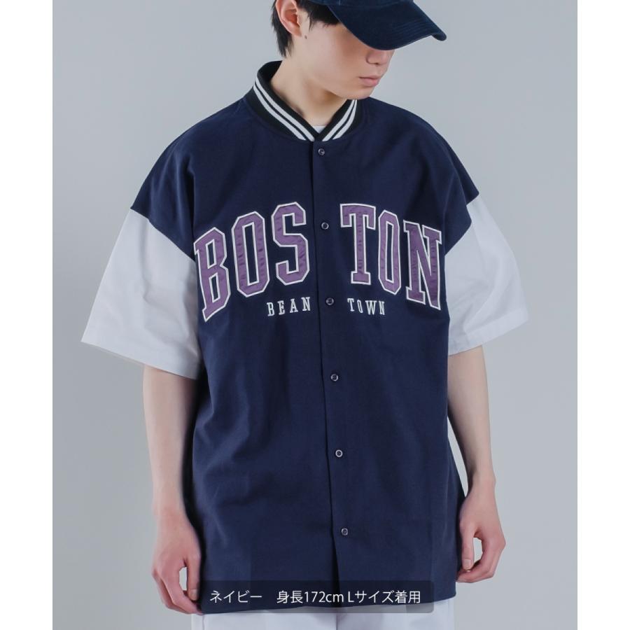 カレッジロゴ 刺しゅう 半袖 スタジアムシャツ メンズ アップリケ スタジャンシャツ ノーカラーシャツ シャツジャケット ストリート アメカジ | improves | 10