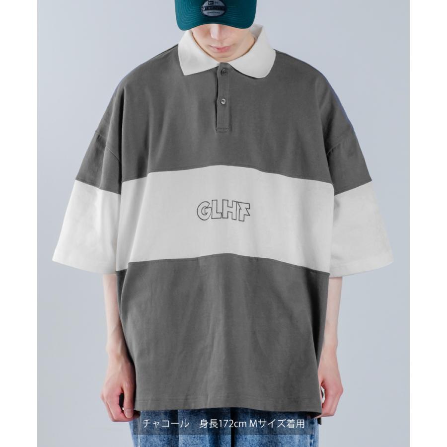 切替 ロゴ刺しゅう 半袖 ビッグポロシャツ メンズ ラインデザイン ラガーシャツ オーバーサイズ ビッグサイズ ゆったり 大きいサイズ 韓国ファッション アメカジ | improves | 01