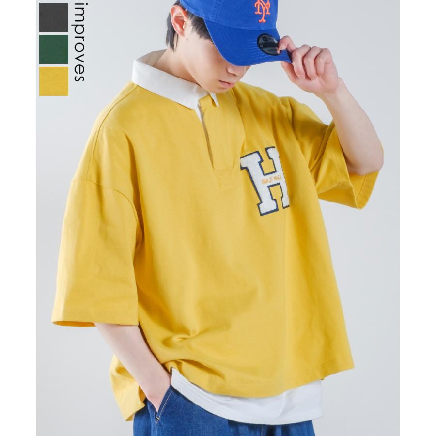 ロゴワッペン 刺しゅう 半袖 ビッグ ラガーシャツ メンズ ラインデザイン ポロシャツ オーバーサイズ ビッグサイズ ゆったり 大きいサイズ 韓国 アメカジ | improves