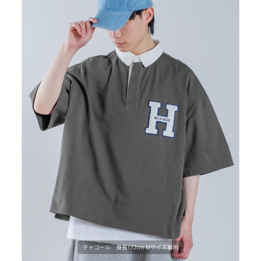 ロゴワッペン 刺しゅう 半袖 ビッグ ラガーシャツ メンズ ラインデザイン ポロシャツ オーバーサイズ ビッグサイズ ゆったり 大きいサイズ 韓国 アメカジ | improves | 01