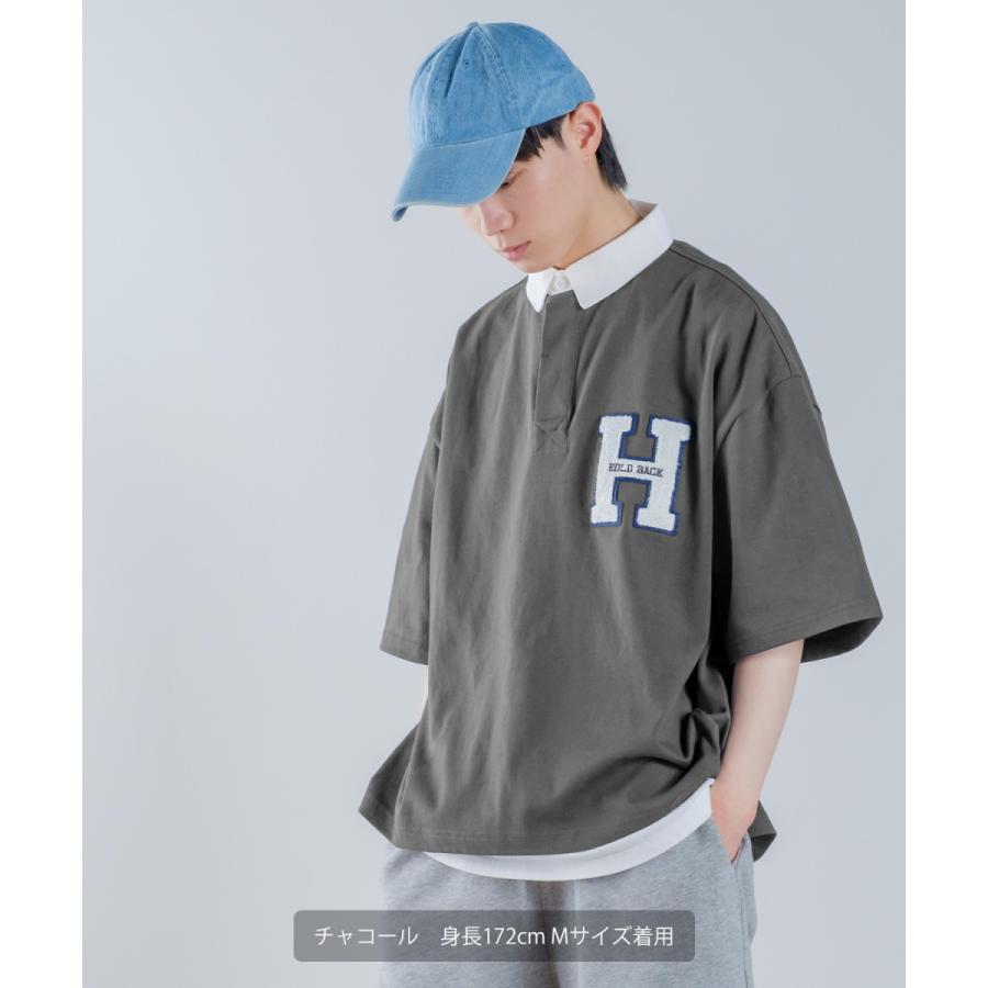 ロゴワッペン 刺しゅう 半袖 ビッグ ラガーシャツ メンズ ラインデザイン ポロシャツ オーバーサイズ ビッグサイズ ゆったり 大きいサイズ 韓国 アメカジ | improves | 02