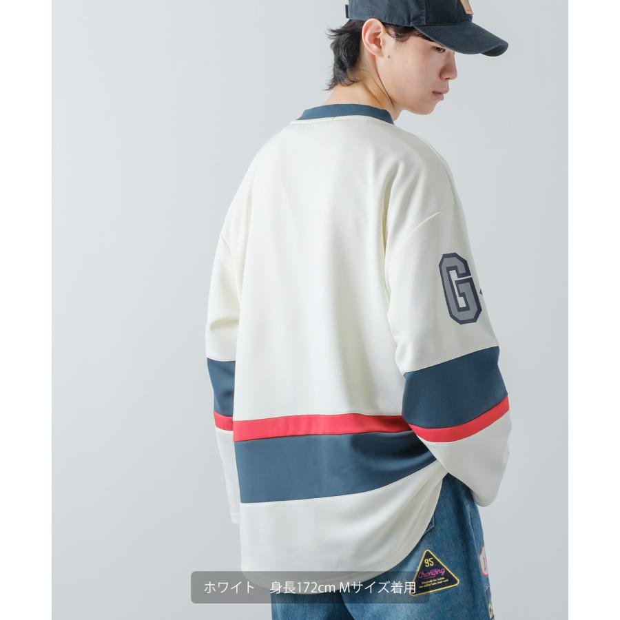 長袖Tシャツ メンズ ロンT ホッケーシャツ ゲームシャツ レースアップ カレッジロゴ プリント ヘンリーネック オーバーサイズ 大きいサイズ ゆったり | improves | 10