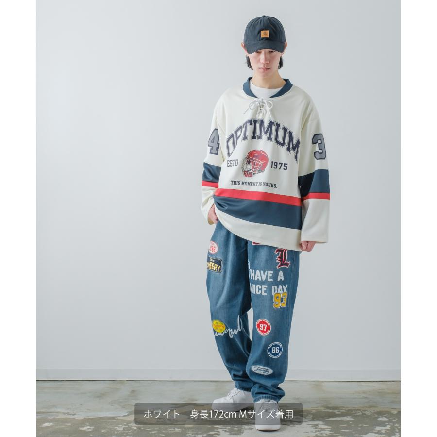 長袖Tシャツ メンズ ロンT ホッケーシャツ ゲームシャツ レースアップ カレッジロゴ プリント ヘンリーネック オーバーサイズ 大きいサイズ ゆったり | improves | 11