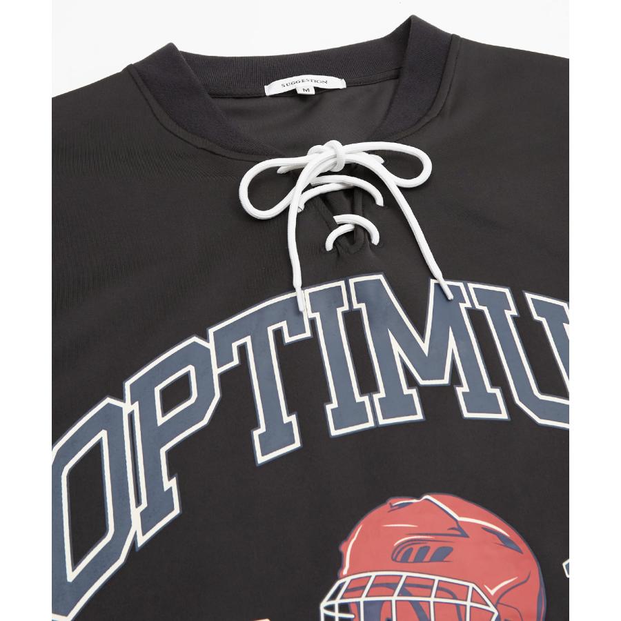 長袖Tシャツ メンズ ロンT ホッケーシャツ ゲームシャツ レースアップ カレッジロゴ プリント ヘンリーネック オーバーサイズ 大きいサイズ ゆったり | improves | 12