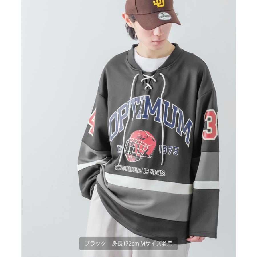 長袖Tシャツ メンズ ロンT ホッケーシャツ ゲームシャツ レースアップ カレッジロゴ プリント ヘンリーネック オーバーサイズ 大きいサイズ ゆったり | improves | 01