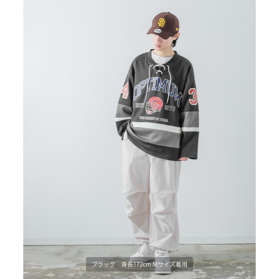 長袖Tシャツ メンズ ロンT ホッケーシャツ ゲームシャツ レースアップ カレッジロゴ プリント ヘンリーネック オーバーサイズ 大きいサイズ ゆったり | improves | 05