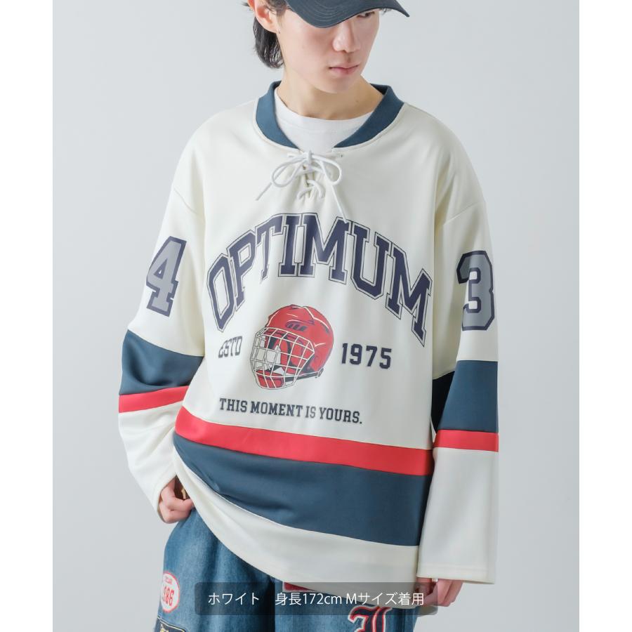 長袖Tシャツ メンズ ロンT ホッケーシャツ ゲームシャツ レースアップ カレッジロゴ プリント ヘンリーネック オーバーサイズ 大きいサイズ ゆったり | improves | 06