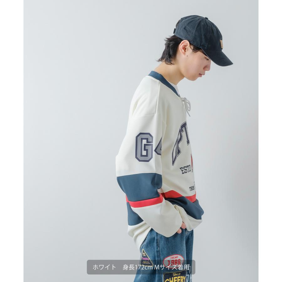 長袖Tシャツ メンズ ロンT ホッケーシャツ ゲームシャツ レースアップ カレッジロゴ プリント ヘンリーネック オーバーサイズ 大きいサイズ ゆったり | improves | 09