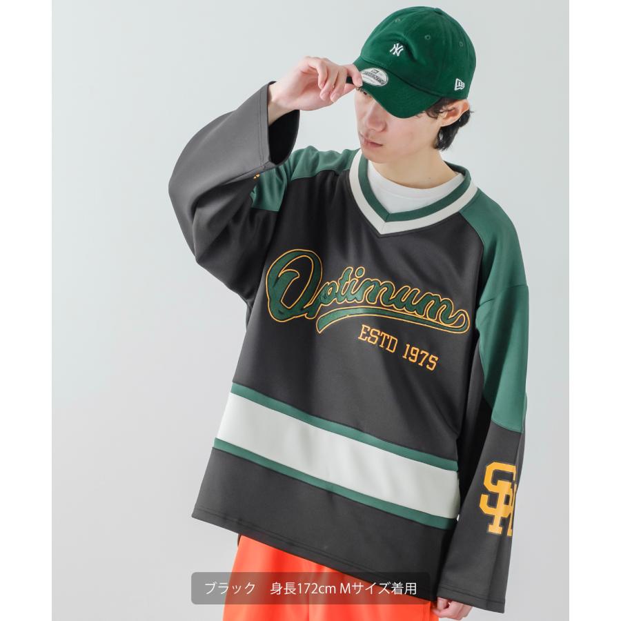 長袖Tシャツ メンズ レディース ロンT ホッケーシャツ ゲームシャツ Vネック ロゴワッペン 袖プリント ラインリブ オーバーサイズ 大きいサイズ ゆったり |  | 03