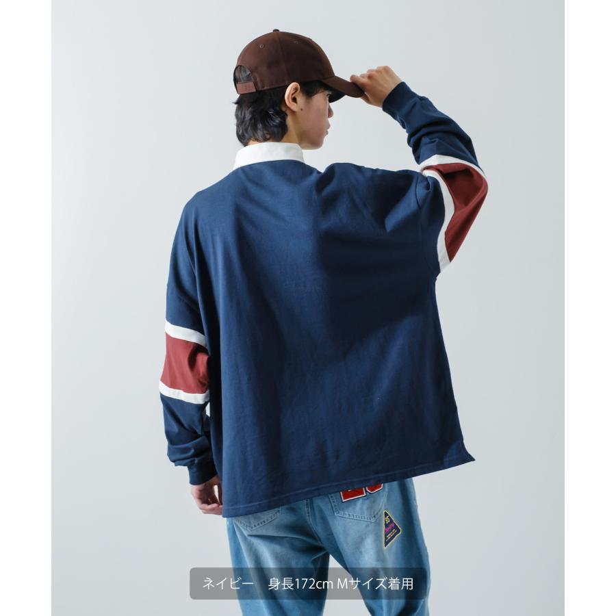 ポロシャツ メンズ ヘビーウエイト ラガーシャツ 長袖 ライン 切替 ビッグシルエット オーバーサイズ 大きいサイズ ゆったり ゲームシャツ アメカジ ストリート | improves | 16