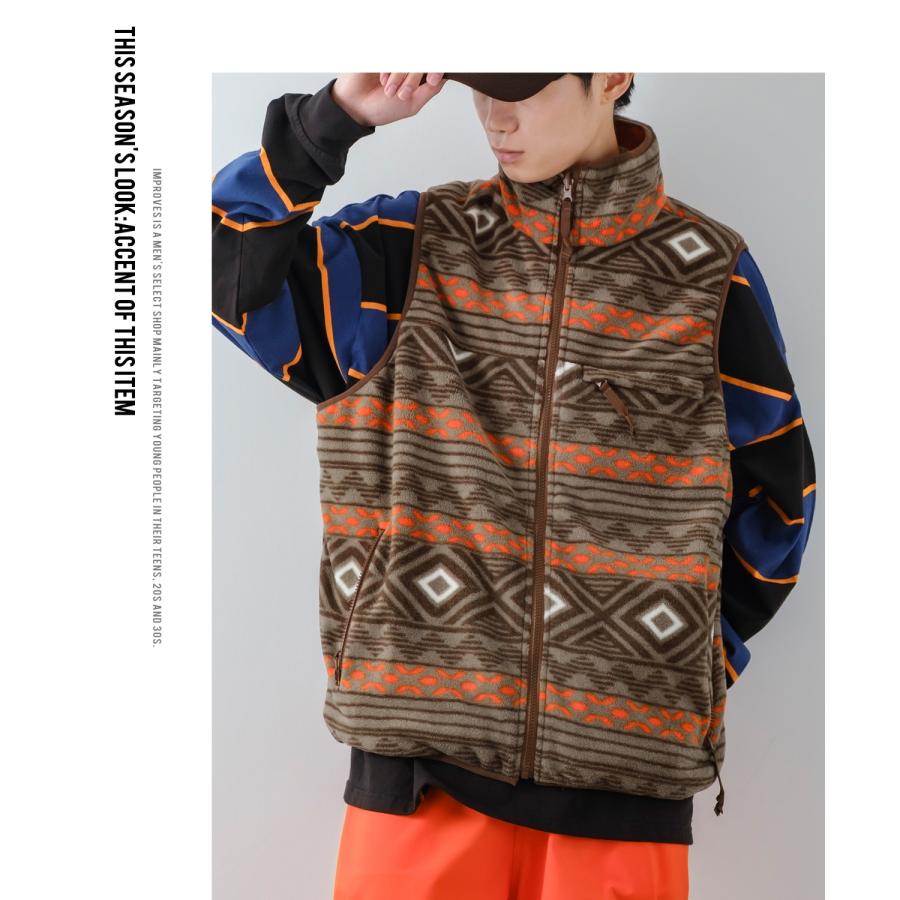 ベスト メンズ マイクロ フリース リバーシブルベスト 幾何学模様 オーバーサイズ ゆったり 大きいサイズ アメカジ ストリート古着MIX スケーター アウトドア | improves | 16