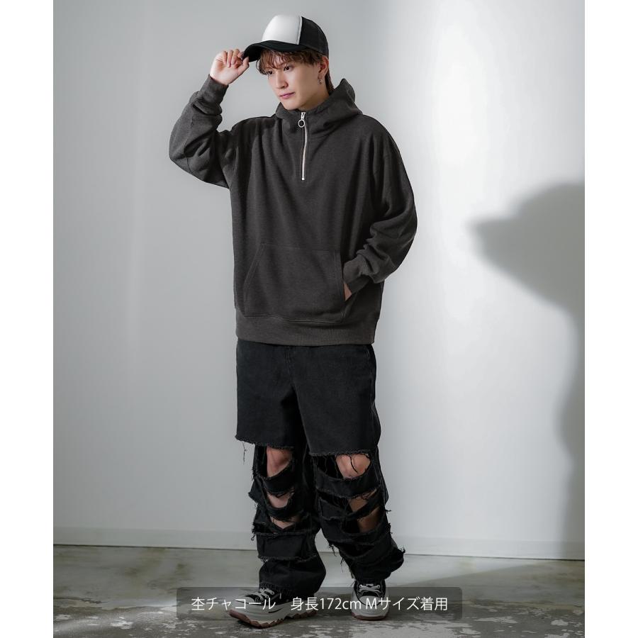 パーカー メンズ ハーフジップ コットンタッチ 裏起毛 無地 スウェット ハーフジップ オーバーサイズ 大きめ アメカジ カジュアル ストリート スケーター 韓国 | improves | 12