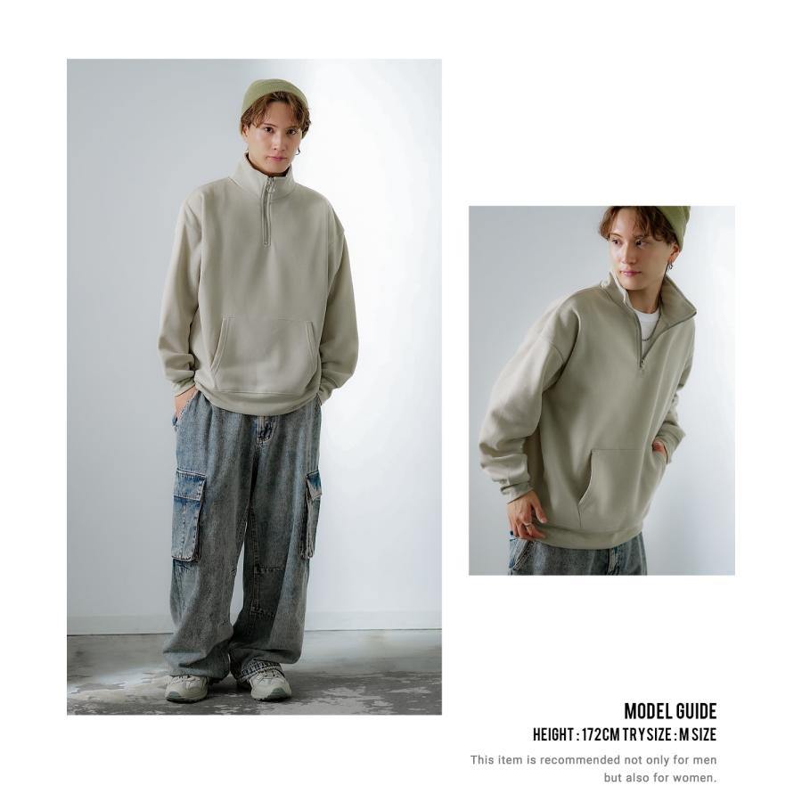 トレーナー メンズ ハーフジップ コットンタッチ 裏起毛 無地 スウェット オーバーサイズ 大きめ アメカジ カジュアル ストリート シンプル スケーター 韓国 | improves | 11