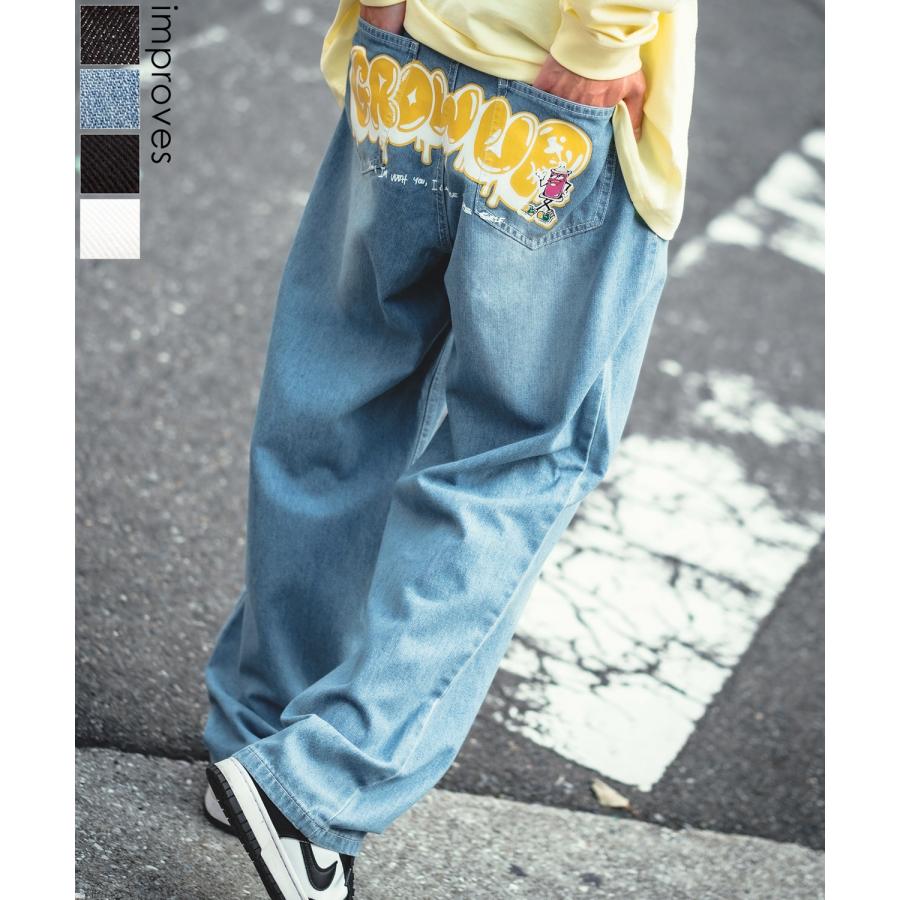 バギーパンツ メンズ ヒッププリント バックプリント ワイドパンツ デニム ツイル イージーパンツ ジーンズ タギング 大きめ アメカジ スケーター ストリート | improves