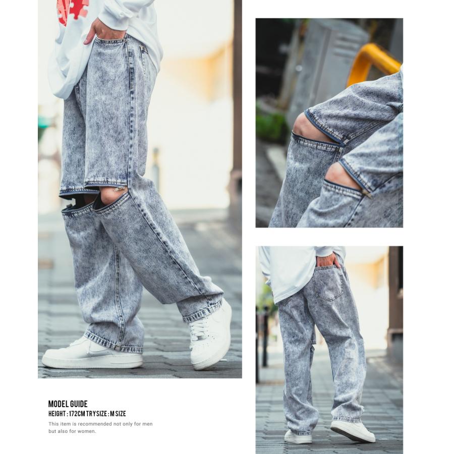 バギーパンツ メンズ ケミカルウォッシュ ZIP ファスナー デニムパンツ ツイルパンツ ワイドパンツ ジーンズ デザインパンツ 大きめ スケーター ストリート | improves | 17