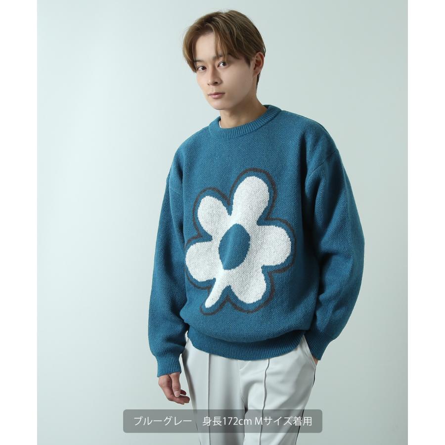 【ブルーグレー】フラワージャガード 7分袖 Vネック ニットTシャツ improves（インプローブス） ニットセーター メンズ レディース クルー
