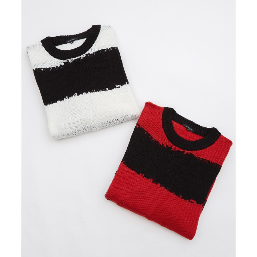 セーター メンズ ボーダーストライプ ダメージ ラウンドネック セール】Distressed border crew knit / ダメージ加工ボーダー