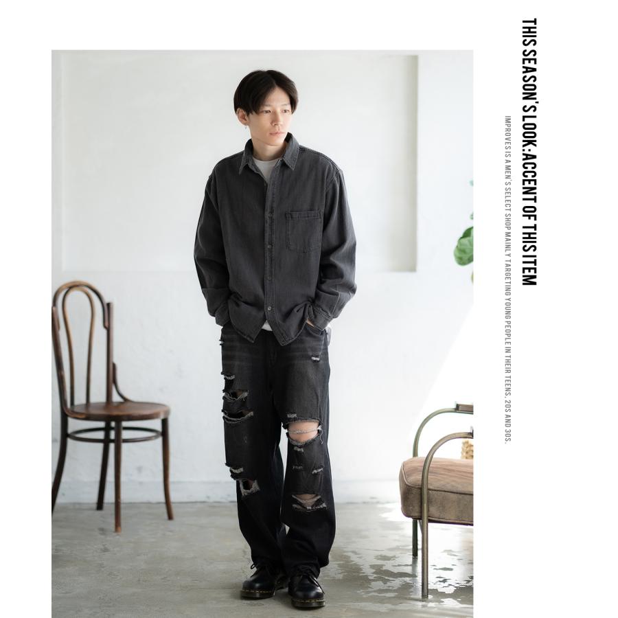 デニムパンツ メンズ ダメージ クラッシュ バギーパンツ ジーンズ ワイドパンツ 大きいサイズ ゆったり アメカジ カジュアル ストリート スケーター 韓国 | improves | 13