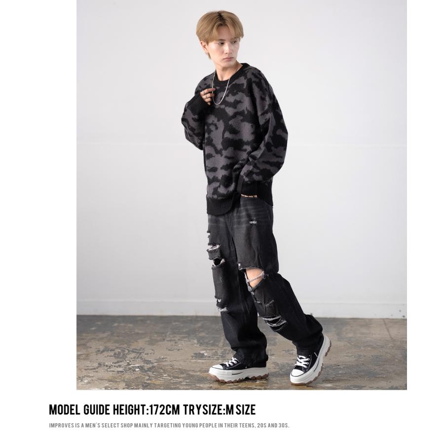 デニムパンツ メンズ ダメージ クラッシュ バギーパンツ ジーンズ ワイドパンツ 大きいサイズ ゆったり アメカジ カジュアル ストリート スケーター 韓国 | improves | 16