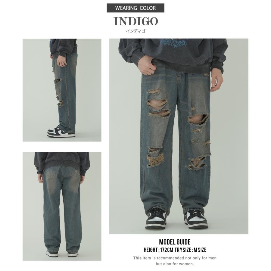 デニムパンツ メンズ ダメージ クラッシュ バギーパンツ ジーンズ ワイドパンツ 大きいサイズ ゆったり アメカジ カジュアル ストリート スケーター 韓国 | improves | 17