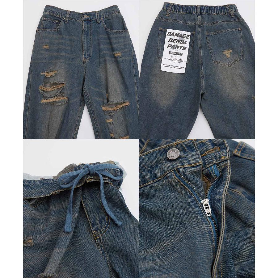 デニムパンツ メンズ ダメージ クラッシュ バギーパンツ ジーンズ ワイドパンツ 大きいサイズ ゆったり アメカジ カジュアル ストリート スケーター 韓国 | improves | 21