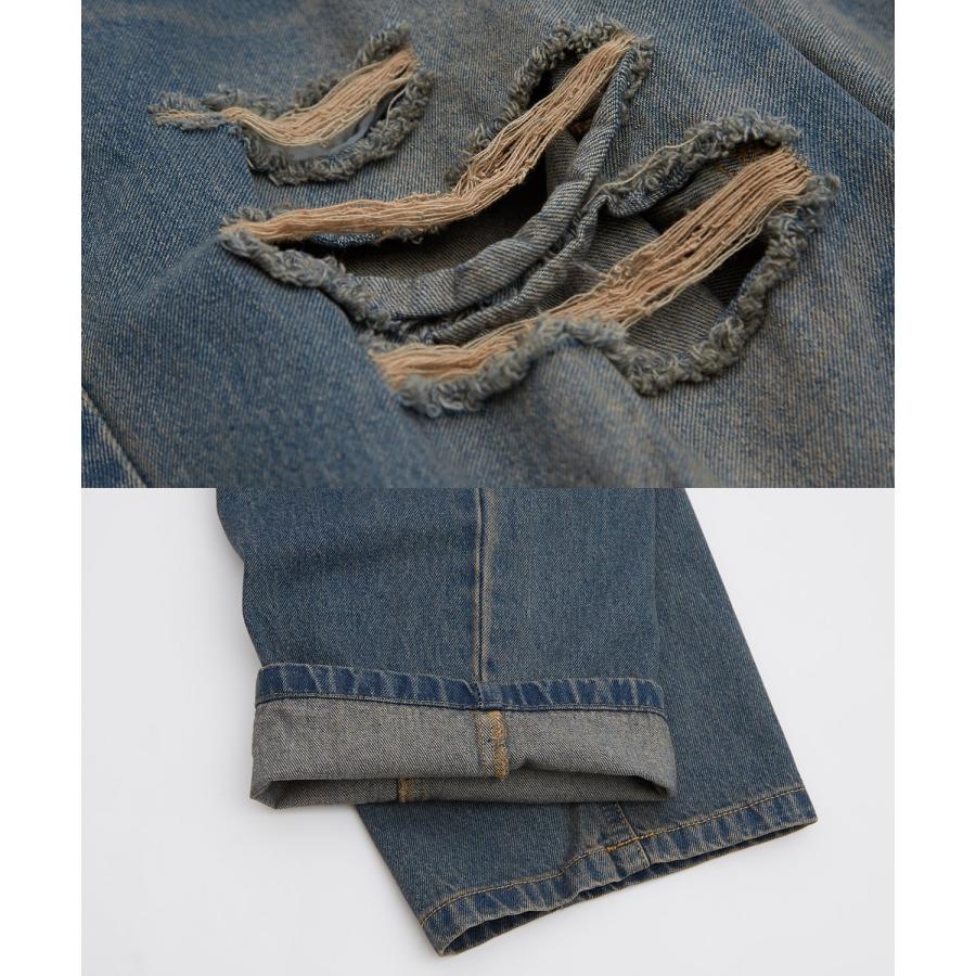 デニムパンツ メンズ ダメージ クラッシュ バギーパンツ ジーンズ ワイドパンツ 大きいサイズ ゆったり アメカジ カジュアル ストリート スケーター 韓国 | improves | 22