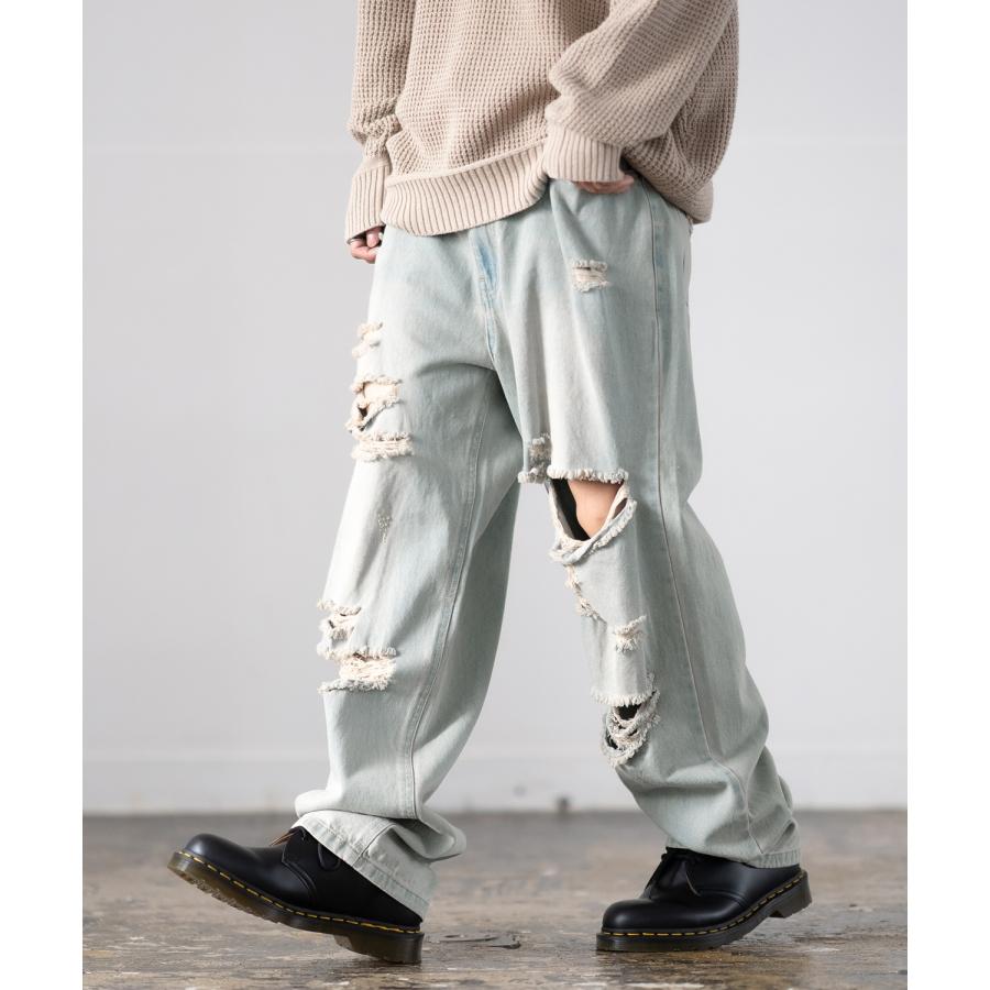 デニムパンツ メンズ ダメージ クラッシュ バギーパンツ ジーンズ ワイドパンツ 大きいサイズ ゆったり アメカジ カジュアル ストリート スケーター 韓国 | improves | 04
