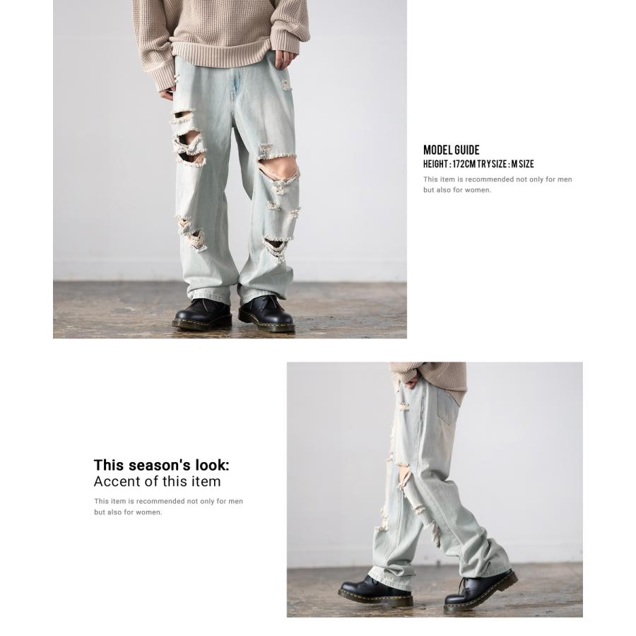 デニムパンツ メンズ ダメージ クラッシュ バギーパンツ ジーンズ ワイドパンツ 大きいサイズ ゆったり アメカジ カジュアル ストリート スケーター 韓国 | improves | 06