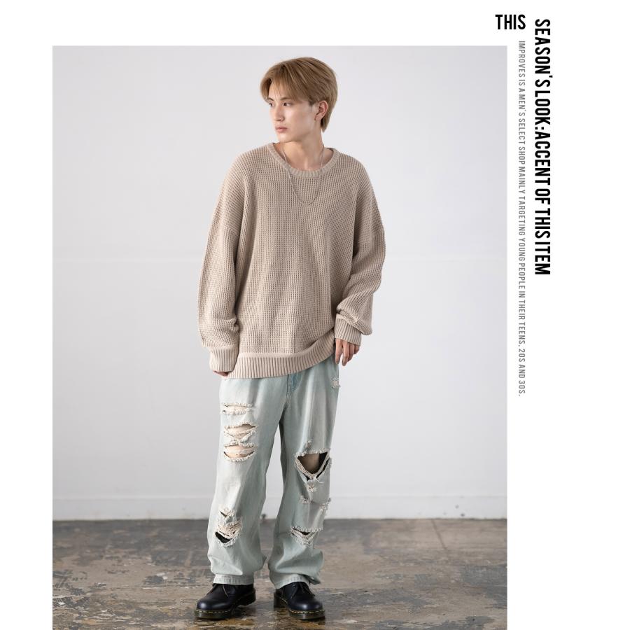 デニムパンツ メンズ ダメージ クラッシュ バギーパンツ ジーンズ ワイドパンツ 大きいサイズ ゆったり アメカジ カジュアル ストリート スケーター 韓国 | improves | 07