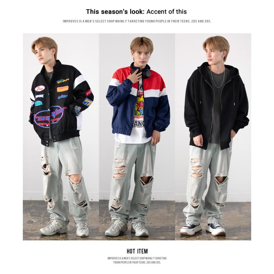 デニムパンツ メンズ ダメージ クラッシュ バギーパンツ ジーンズ ワイドパンツ 大きいサイズ ゆったり アメカジ カジュアル ストリート スケーター 韓国 | improves | 08