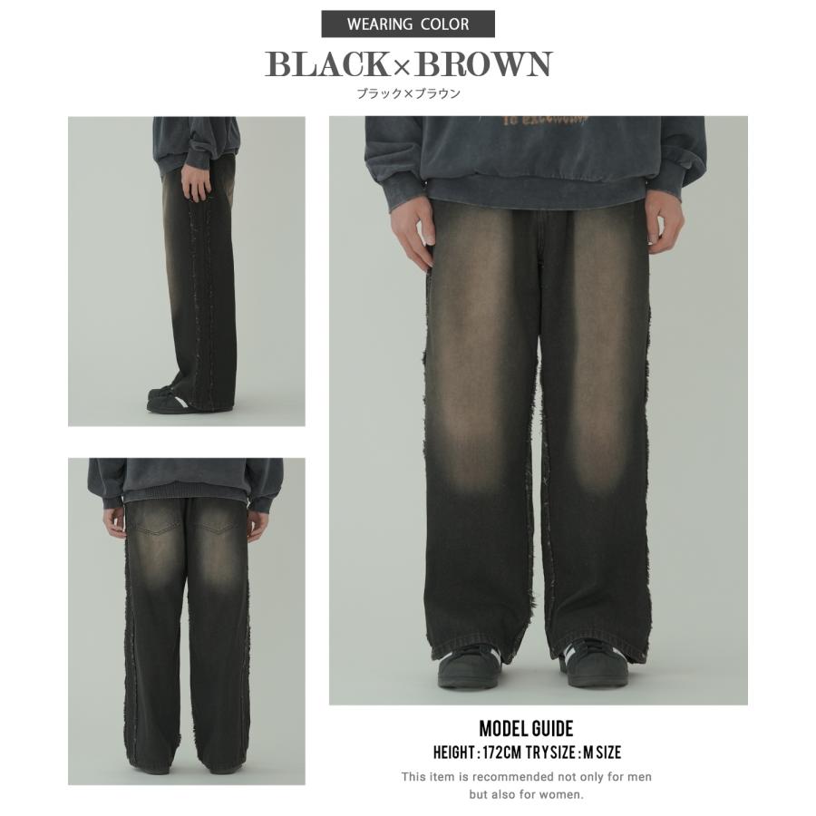 デニムパンツ メンズ フリンジ加工 カラー バギー ジーンズ ワイド イージーパンツ 大きいサイズ ゆったり アメカジ カジュアル ストリート スケーター 韓国 | improves | 16