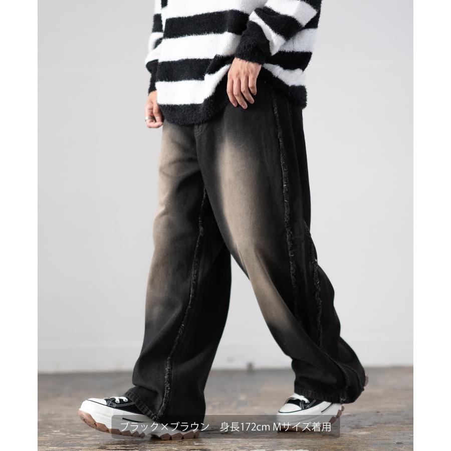 デニムパンツ メンズ フリンジ加工 カラー バギー ジーンズ ワイド イージーパンツ 大きいサイズ ゆったり アメカジ カジュアル ストリート スケーター 韓国 | improves | 04