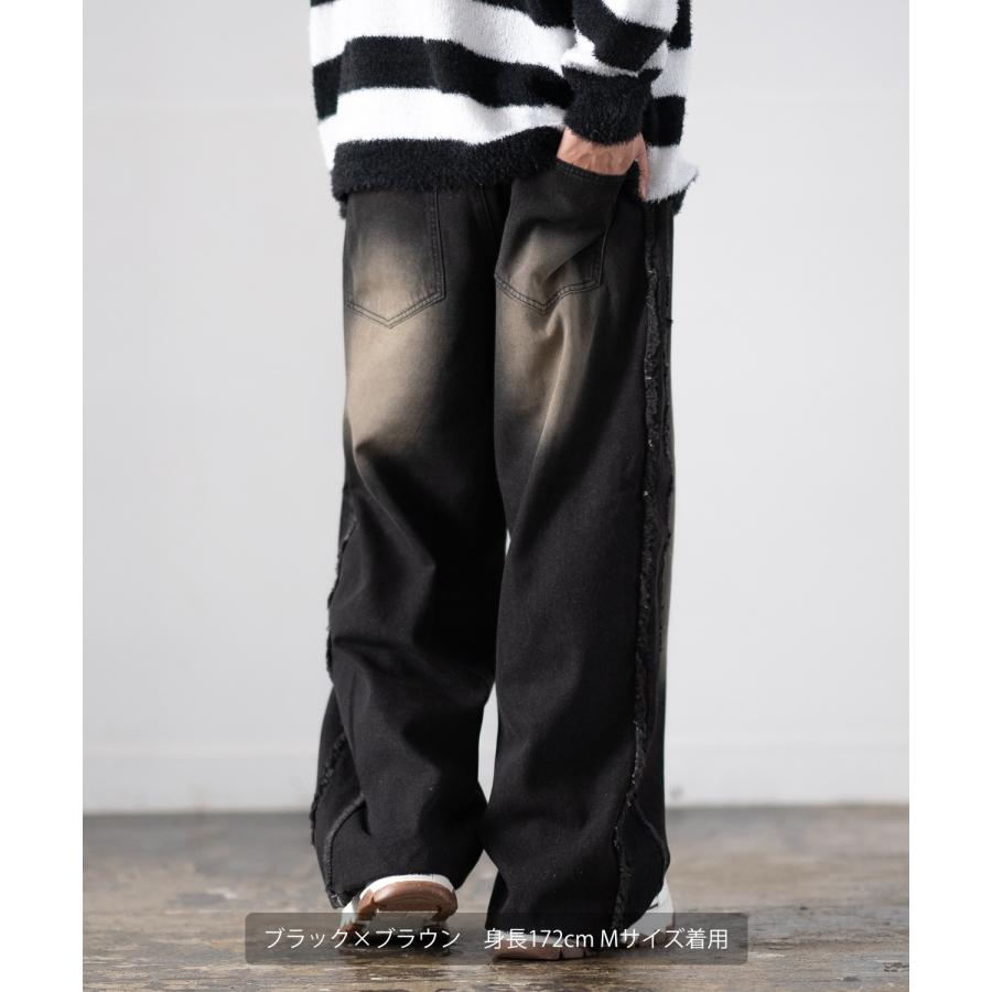 デニムパンツ メンズ フリンジ加工 カラー バギー ジーンズ ワイド イージーパンツ 大きいサイズ ゆったり アメカジ カジュアル ストリート スケーター 韓国 | improves | 05