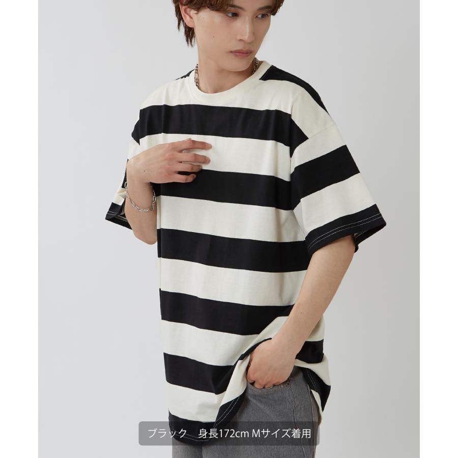 半袖Tシャツ メンズ ワイド ボーダー カットソー クルーネック オーバーサイズ 大きいサイズ ゆったり カジュアル マリン ストリート ブラック グレー | improves | 13