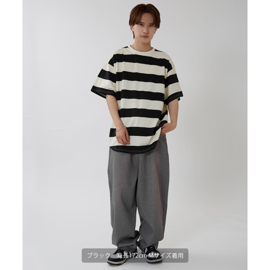 半袖Tシャツ メンズ ワイド ボーダー カットソー クルーネック オーバーサイズ 大きいサイズ ゆったり カジュアル マリン ストリート ブラック グレー | improves | 17